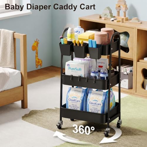 3 Tier Metal Rolling Cart with Lockable Wheels,Black Three Tiered Art Carts - Image 4