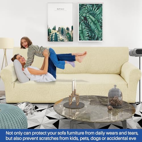 YEMYHOM Couch Cover Latest Jacquard Design High Stretch Extra Large Sofa Covers Pet Dog Cat Proof Oversized Slipcover Non Slip Magic Elastic Furniture Protector (X-Large, Begonia Leaf Beige) - Image 2