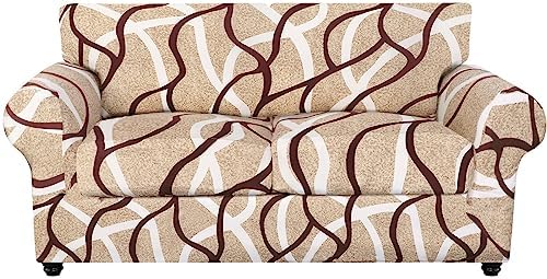 SearchI Stretch Sofa Cover Printed Couch Cover, Floral Pattern 3 Pieces Loveseat Slipcover with 2 Separate Cushion Cover, Washable Furniture Protector for Living Room(Loveseat, Khaki) by SearchI