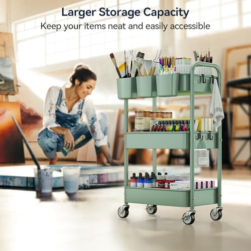 YASONIC 3-Tier Rolling Cart, Green, 66 Pounds Capacity, Mesh Storage Organizer with Lockable Wheels, 3 Hanging Cups, 4 Hooks, Easy Assembly, for Kitchen, Bathroom, Laundry, Grocery - Image 4