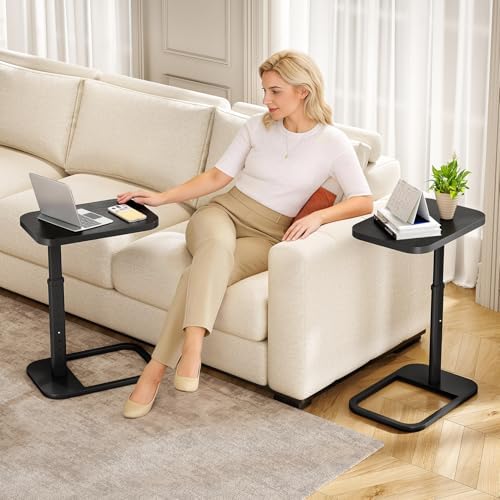 Kitstorack Adjustable Height C-Shaped End Table, 9-Level Side Table with Thickened Metal Rounded Edge, Couch Table Slides Under Sofa or Bed, Eating, Working, TV Tray Table for Small Spaces, Black - Image 2