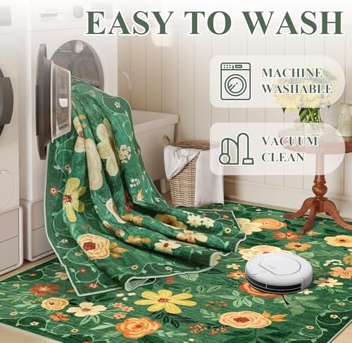 DUKINO 3x5 Area Rug, Floral Washable Rug for Bedroom Non Slip, Dark Green - Image 6