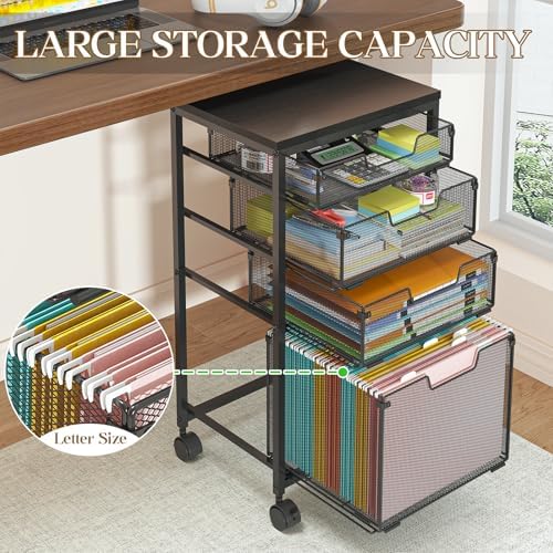 Sbanmao Rolling File Cart with 4 Storage Drawers, Mobile File Cabinet with Wheels, Hanging File Organizer, Under Desk Printer Stand Utility Cart Filing Cabinet for Home Office, Black - Image 3