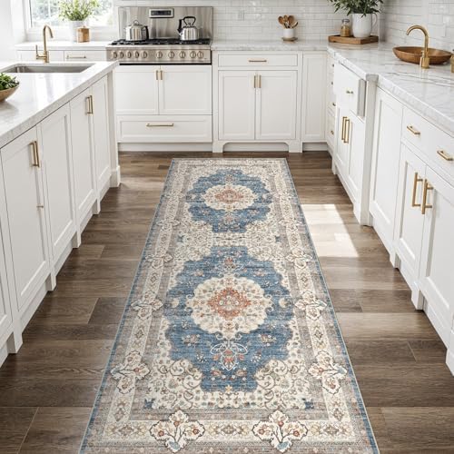 Ksrau 3x8 Runner Rug Washable Vintage: Non Slip Kitchen Runners Blue/Beige by Ksrau