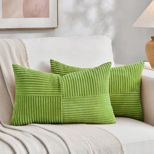 Fancy Homi Set of 2 Lime Green Long Lumbar Decorative Throw Pillow Covers 16x24 Inch for Couch Bed Sofa, Modern Farmhouse Boho Home Decor, Soft Striped Corduroy Rectangle Accent Cushion Case 40x60 cm by Fancy+Homi