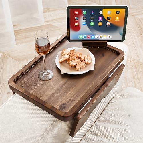HOLANA 15.75" Acacia Couch Armrest Table with Phone Holder, Walnut Color by HOLANA