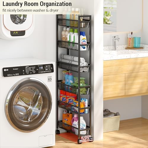 ThreeHio 6 Tier Slim Storage Cart, Narrow Cart with Wheels, Metal Mobile Shelving Unit Organizer for Kitchen, Bathroom, Laundry Room, Living Room & Narrow Spaces, Black, 6in(W) - Image 4