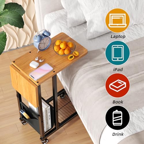 Simple Trending C Shaped End Table, Folding TV Tray Couch Side Table for Sofa on Wheels, Black - Image 6