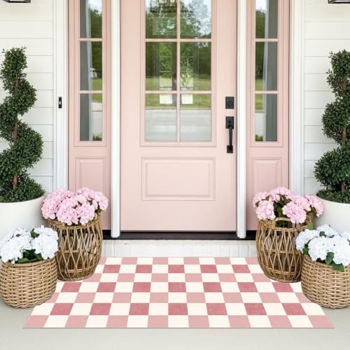 Front Door Mat Indoor Entrance, 2x4.3 Cute Pink White Checkered Rug - Image 3