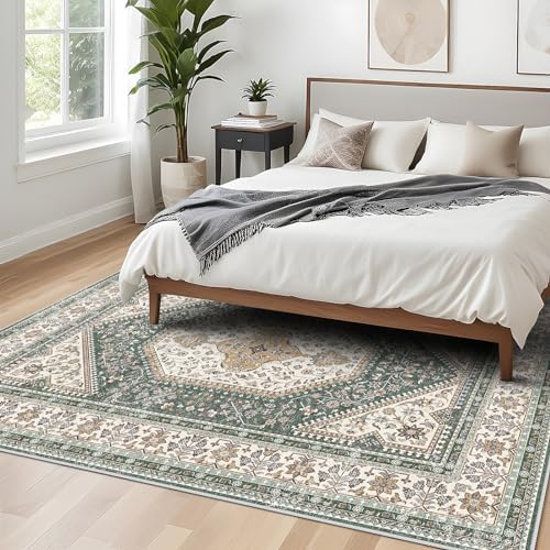 8x10 Washable Area Rug for Living Room - Non-Slip Vintage Rugs Green Beige - Image 2