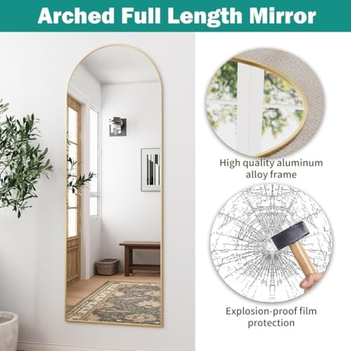 Arched Full Length Mirror, 58"x18" Floor Mirror with Stand, Large Full Body Mirrors, Arch Wall Mirror, Big Full Size Mirrors for Bedroom, Aluminum Frame, Gold - Image 3