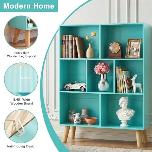 YAHARBO Green Bookshelf,3 Tier Book Shelf with Legs, 7 Cube Minimalist Bookcase,Storage Organizer Shelves Display Bookcases for Bedroom,Living Room - Image 5