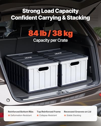 VEVOR Plastic Collapsible Storage Bins with Lids, 65L 2 Packs, Stackable Folding Storage Crates with Handles, Holds 84 lbs Per Bin, Heavy Duty Containers, Space-Saving Baskets, for Home Organizing - Image 3