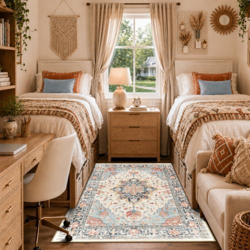 RELEANY Washable Area Rug, 4'x6', Beige/Blue/Orange by RELEANY