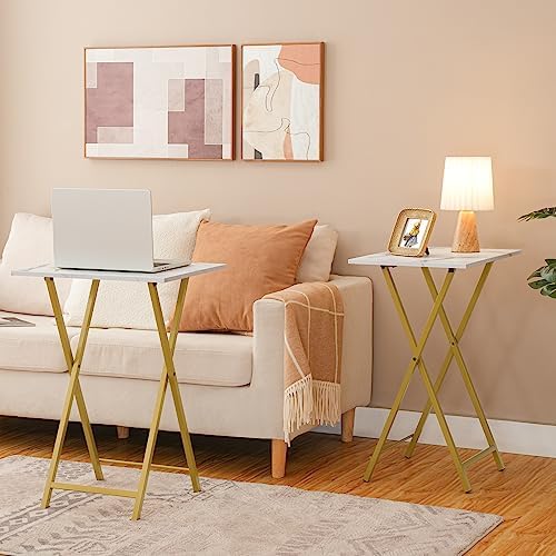 HOOBRO Folding TV Tray Tables, Set of 2 Side Table for Small Space, Industrial Snack Tables for Eating at Couch, Stable Metal Frame, Easy Assembly, Space Saving, Marble and Gold DM25BZ01 - Image 2