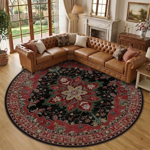 RELEANY Washable Area Rug, Round 10ft, Red/Black by RELEANY