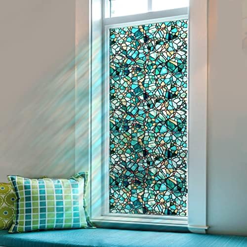funlife Original Hand-Drawn Privacy Stained Glass Window Film, Single Sided Static Cling Window Cling Suitable for Entryway, Reusable Glass Windows Door Decor, 29.53"x118", Spring Pine Cobblestones by funlife