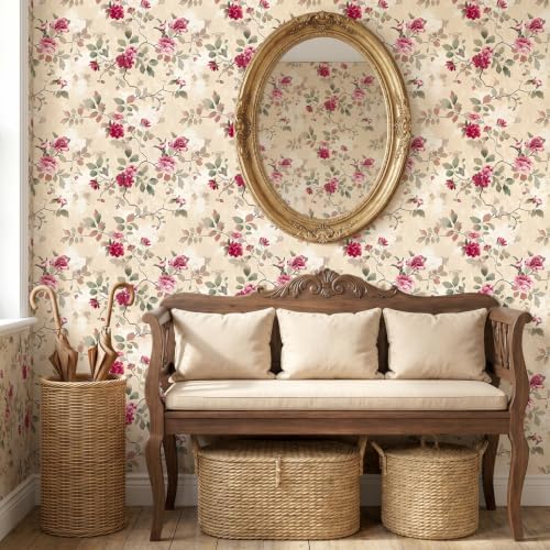 CRE8TIVE Non‑Woven Beige Floral Peel and Stick Wallpaper Vintage 12"x354" | Magenta Pink Peony Floral Wallpaper for Bedroom Living Room, Adhesive Floral Contact Paper for Walls Countertops Waterproof - Image 3