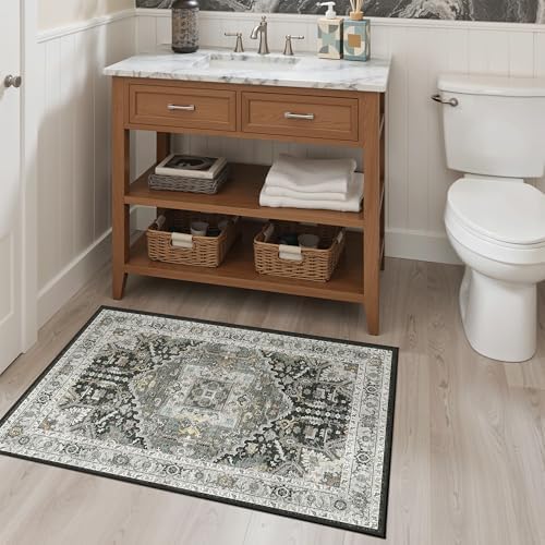 Madane Washable Area Rug 2x3 Small Entryway Rugs, Grey Green/Black Olive - Image 4