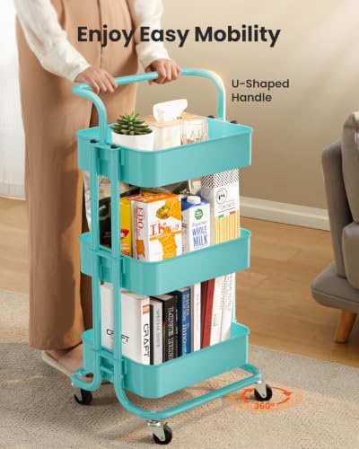 Pipishell Metal 3 Tier Rolling Cart with Handle & Wheels, Turquoise - Image 4