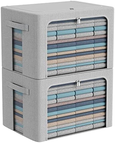 CYhom 2Pack Extra Large Clothes Storage Bins Box - Linen Fabric Foldable Stackable Container Organizer Set with Clear Window & Carry Handles & Metal Frame (Light Grey, Extra Large-100L) by CYhom