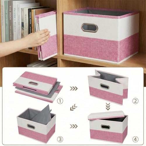 PRANDOM Storage Bins with Lids [3-Pack] Linen Fabric Foldable Storage Boxes Organizer Containers Baskets Cube with Cover for Bedroom Closet Office Pink&White（11.4X8.6X6.7 - Image 5