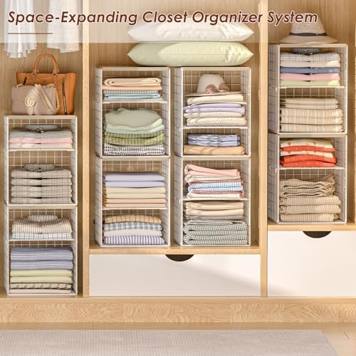 4-Tier Stackable Closet Organizers and Storage, Adjustable Dividers & Wood Top Storage Shelves for Clothes, Wardrobe & Closet Storage Basket Bins/Cube, Space-Saving Closet Organizer System, White - Image 6