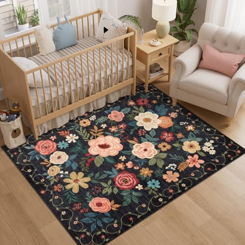 DUKINO 4x5 Area Rug for Entryway, Soft Floral Washable Rug Non Slip, Black - Image 3