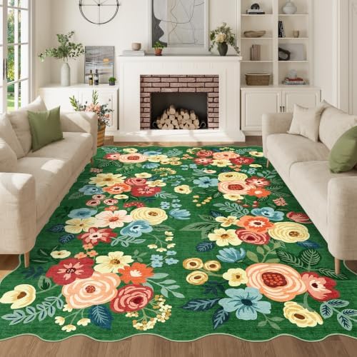 DUKINO 6x9 Area Rugs, Floral Washable Living Room Rug Non Slip, Dark Green by DUKINO