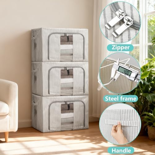 3 Pack Clothes Storage Bins, Foldable Metal Frame Storage Box with Lids,Stackable Linen Fabric Organizer Set with Carrying Handles,Zippers,and Clear Window (Grey Stripe, 66L) - Image 5