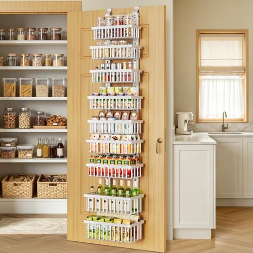 POKIPO 9 Tier Narrow Over The Door Pantry Organizer, 2 in 1 Wall Mount or Hanging Spice Rack with Adjustable Deep Basket, Heavy-Duty Seasoning Organizer and Storage for Kitchen Closet Bathroom (White) by POKIPO