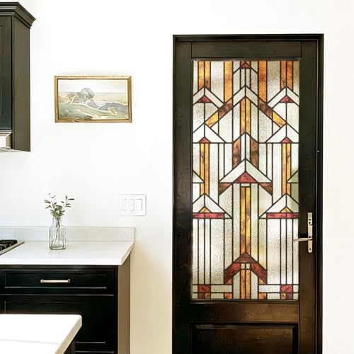 Faux Stained Glass Window Film, Decorative Window Privacy Film for Front Door Sliding Door Glass Film Decor Inspired by Frank Lloyd Wright, 29.53" x68.9" Hollyhock House, Boho by Flortlias
