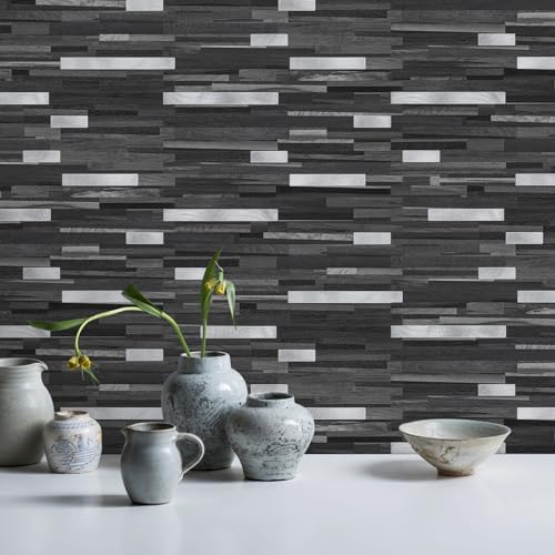 STICKGOO 20 Sheets Peel and Stick Backsplash Tile, Stick on Backsplash for Kitchen and Bathroom, Black Grey Wood Look PVC Mixed Metal Silver Self Adhesive Wall Tiles - Image 5