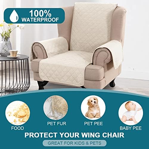Turquoize 100% Waterproof Wing Chair Cover Wing Armchair Slipcovers, Ivory - Image 2