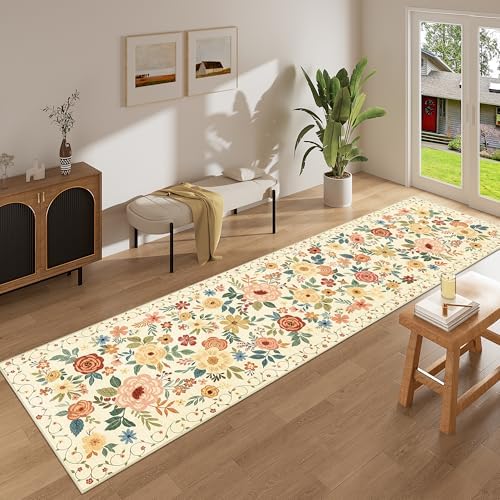 DUKINO 2.6x12 Kitchen Runner Rug, Floral Non Slip Washable Rug Beige Yellow - Image 6