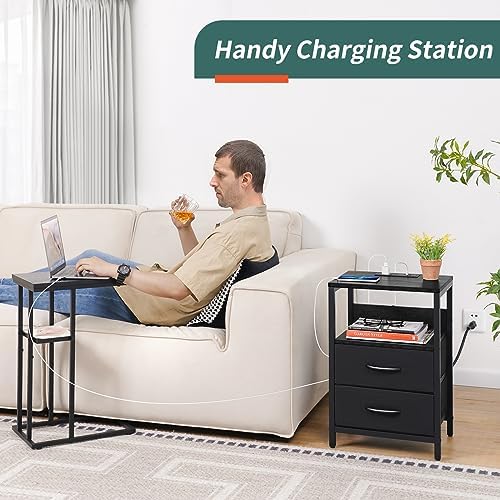 Yoobure Nightstand with Charging Station, Small Night Stand with Fabric Drawers and Storage Shelf for Bedrooms, Nightstands for Small Spaces, Bedside Table with USB Ports & Outlets Bed Side Table - Image 4