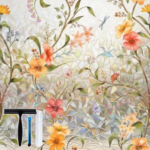 Volcanics Stained Glass Window Film with Installation Tools, Rainbow Window Privacy Film, Decorative Window Clings for Glass Windows, Static Cling Sun Blocking Floral Decals, 17.5 x 78.7 Inch by Volcanics