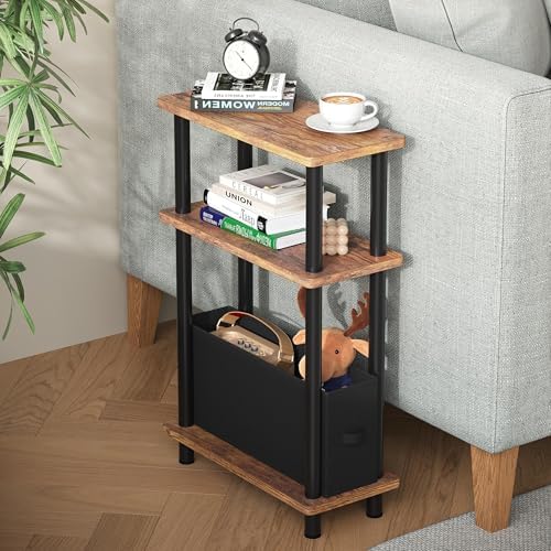 Apicizon Narrow Side Table with Fabric Basket, 3-Tier End Table,Brown Black by APICIZON