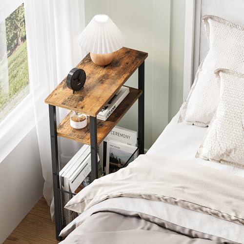 MMEOLUOOK Narrow Side Table with Storage Basket Skinny End Tables for Smalls Spaces 3 Tier Sofa Table Small Nightstand Slim Bedside Table for Living Room Bedroom Rustic Brown MLBZ22RB - Image 5