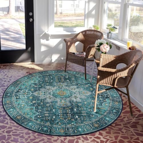 Moynesa Ultra-Thin Washable Round Rug - 6ft Teal Large Living Room Circle Area Rugs, Vintage Dining Room Mat Stain Resistant Nursery Carpet for Bedroom Mudroom Kitchen Apartment Home Office - Image 7