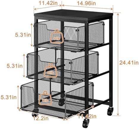 Pantry Organizer and Storage Cart, 3-Tier Kitchen Storage Cart with Drawer, Fruit Vegetable Storage Cart with Wheels, Wooden Top Metal Wire Kitchen Organizer Rack Stand for Food Snack Onion Potato - Image 6