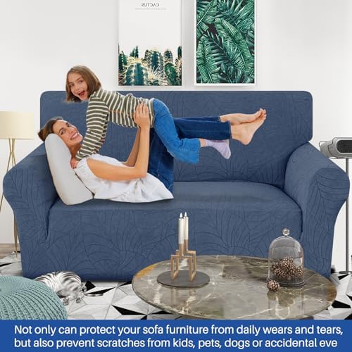 YEMYHOM Couch Cover Latest Jacquard Design High Stretch Sofa Covers for 2 Cushion Couch, Pet Dog Cat Proof Loveseat Slipcover Non Slip Elastic Furniture Protector (Medium, Begonia Leaf Navy) - Image 2