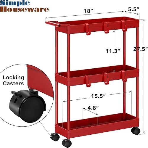 Simple Houseware 3-Tier Slim Rolling Cart w/Handle 5.5" Wx27.5 H, Red - Image 3