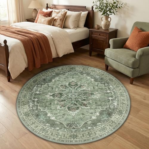 RELEANY Washable Area Rug, Round 4ft, Green/Dark Green/Gray by RELEANY