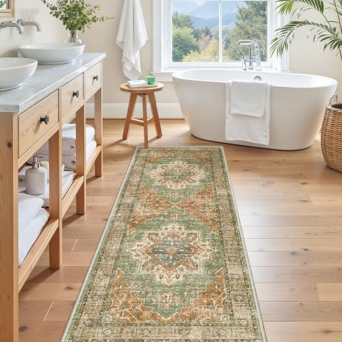 Madane Washable Kitchen Runner Rug 2x6 Hallway Runners, Brick/Brown/Green - Image 2