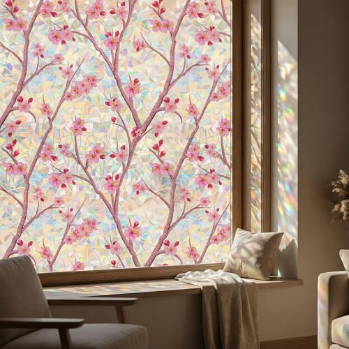 Countewol Stained Glass Privacy Window Film Static Cling Window Film Anti-Glare UV Protection Removable Decorative Window Clings for Home（Rainbow Sakura 78.7" L*23.6" W by Countewolwindowfilm