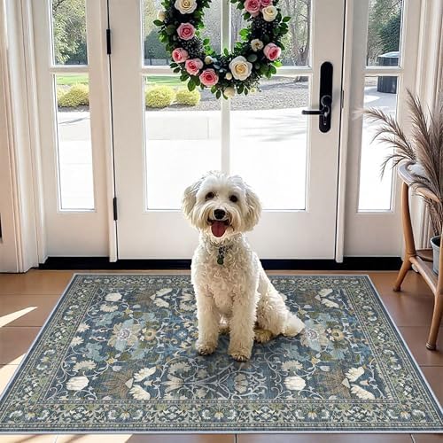 Washable 2x3 Runner Rug for Entryway: Easy-Clean Carpet with Non-Slip Backing for Bedroom Kitchen Stain-Resistant Shedding-Free Floor Mat – Perfect for High-Traffic Areas with Pets (2x3,Floral/Blue) by HYHAOYUNLAI