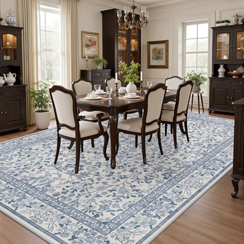 8x10 Area Rug Living Room: Soft Floral Washable Boho Carpet Blue - Image 4