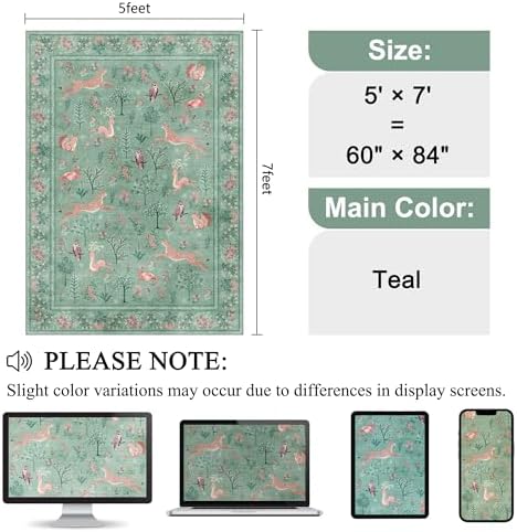 DUKINO 5x7 Area Rugs, Washable Animal Rug for Living Room Non Slip, Teal - Image 2