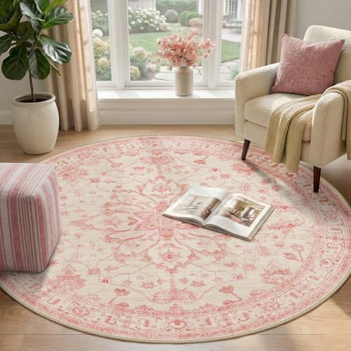 RELEANY Washable Area Rug, Round 4ft, Pink/Light Vintage Pink - Image 2